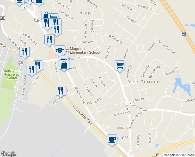map of restaurants, bars, coffee shops, grocery stores, and more near 918 Foley Drive in Williamsburg