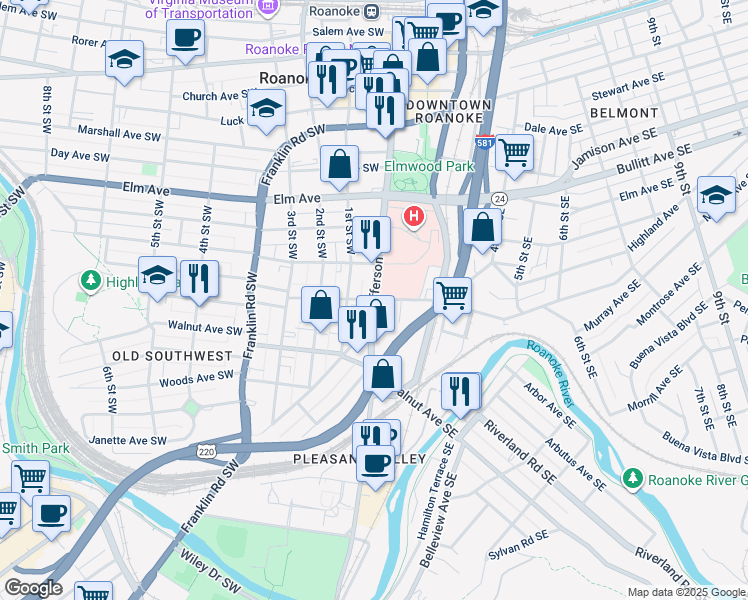 map of restaurants, bars, coffee shops, grocery stores, and more near S Jefferson St & Albemarle Ave SW in Roanoke