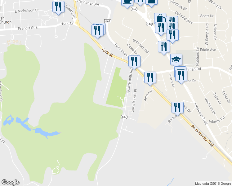 map of restaurants, bars, coffee shops, grocery stores, and more near 328 Quarterpath Road in Williamsburg
