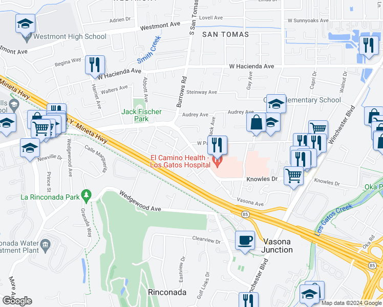 map of restaurants, bars, coffee shops, grocery stores, and more near 852 Pollard Road in Los Gatos