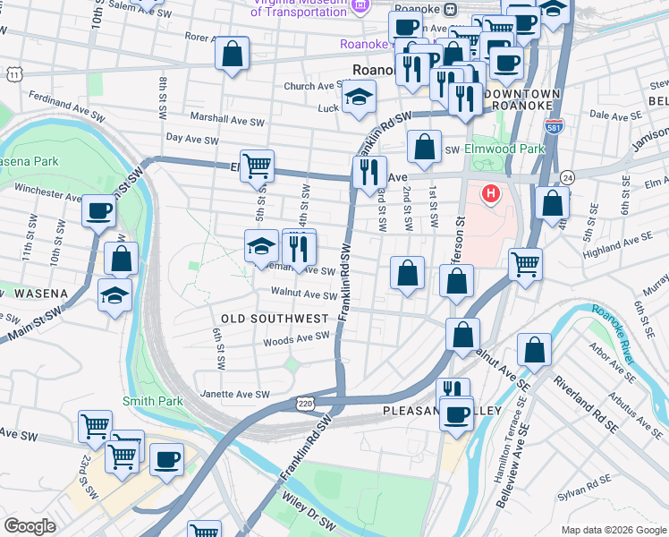 map of restaurants, bars, coffee shops, grocery stores, and more near 343 Albemarle Avenue Southwest in Roanoke