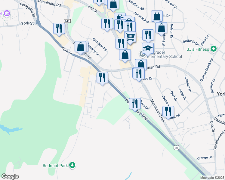 map of restaurants, bars, coffee shops, grocery stores, and more near 7005 Pocahontas Trail in Williamsburg