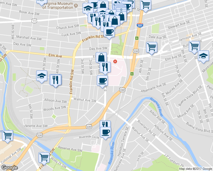 map of restaurants, bars, coffee shops, grocery stores, and more near 8 Albemarle Avenue Southeast in Roanoke