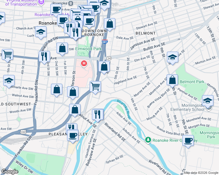 map of restaurants, bars, coffee shops, grocery stores, and more near Cedar Bluff Drive Southeast in Roanoke