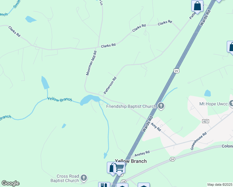 map of restaurants, bars, coffee shops, grocery stores, and more near 1058 Patterson Road in Rustburg