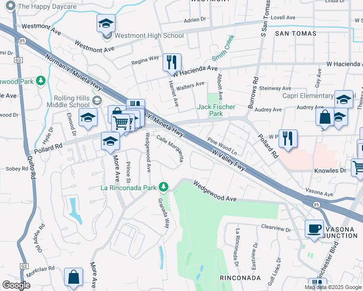 map of restaurants, bars, coffee shops, grocery stores, and more near 228 Calle Marguerita in Los Gatos
