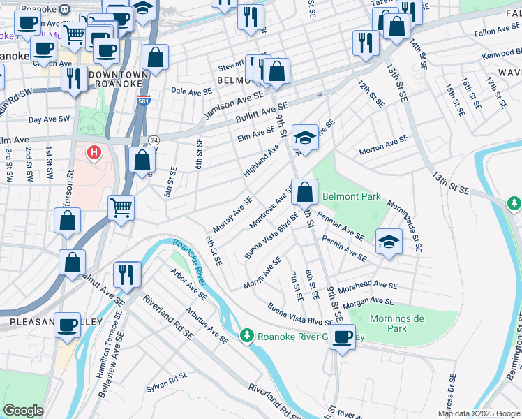 map of restaurants, bars, coffee shops, grocery stores, and more near 701 Montrose Avenue Southeast in Roanoke