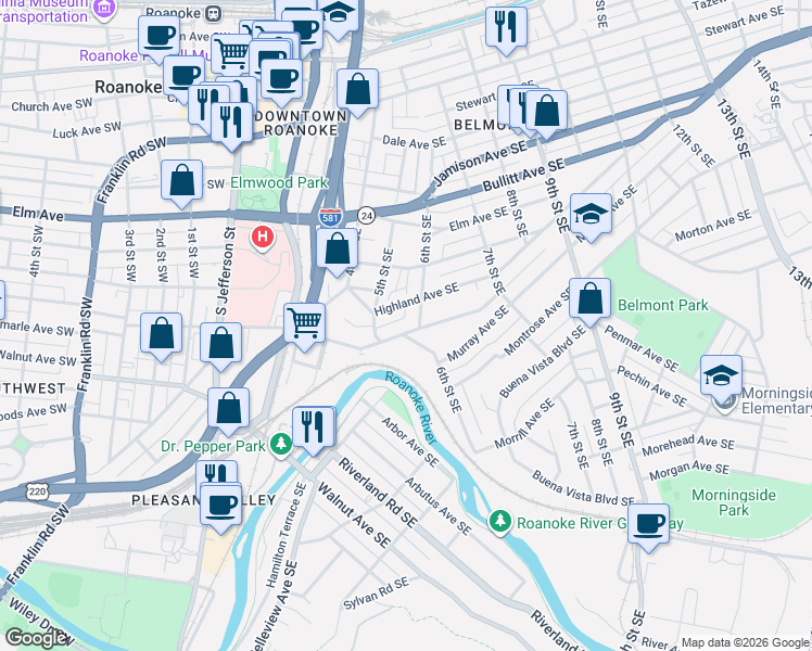 map of restaurants, bars, coffee shops, grocery stores, and more near 1108 6th Street Southeast in Roanoke
