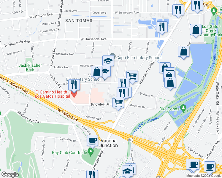 map of restaurants, bars, coffee shops, grocery stores, and more near 580 West Parr Avenue in Los Gatos