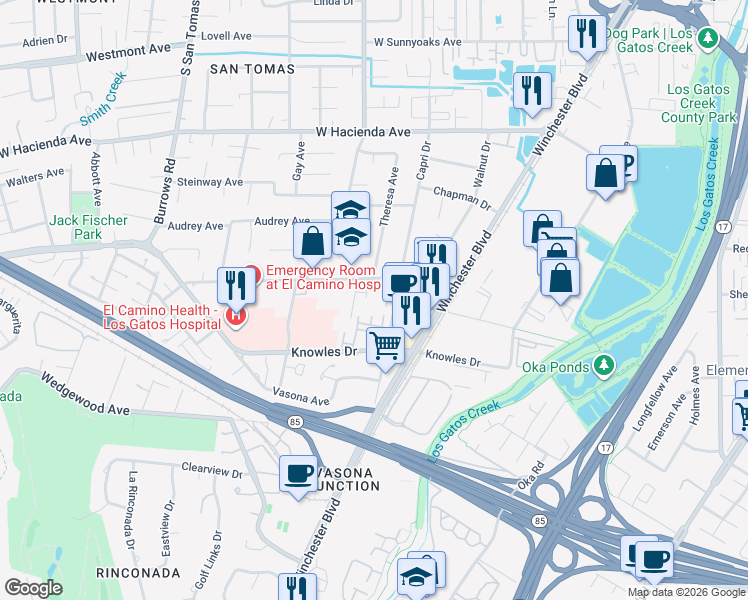 map of restaurants, bars, coffee shops, grocery stores, and more near 576 West Parr Avenue in Los Gatos