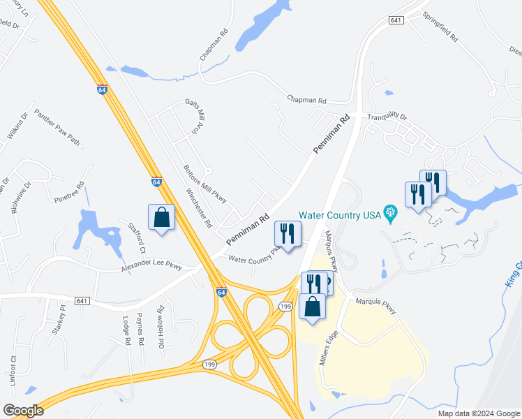 map of restaurants, bars, coffee shops, grocery stores, and more near 107 Newbaker Square in Williamsburg