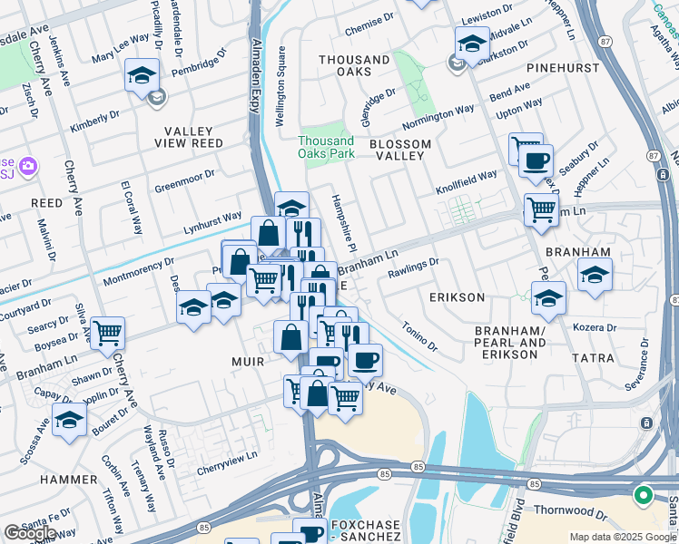 map of restaurants, bars, coffee shops, grocery stores, and more near 1056 Branham Ln in San Jose