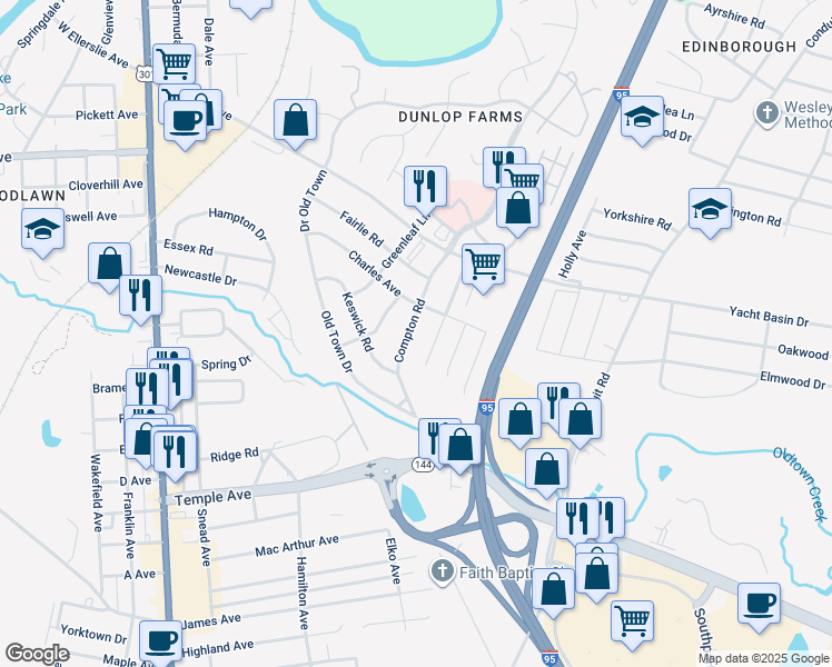 map of restaurants, bars, coffee shops, grocery stores, and more near 608 Compton Road in Colonial Heights