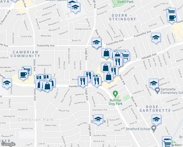 map of restaurants, bars, coffee shops, grocery stores, and more near 4 in San Jose
