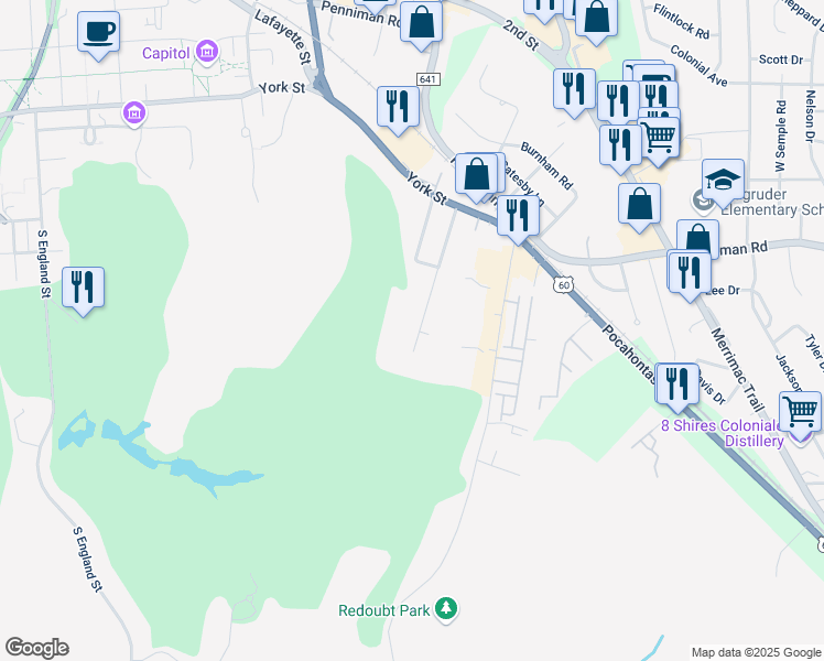 map of restaurants, bars, coffee shops, grocery stores, and more near 610 Pocahontas St in Williamsburg
