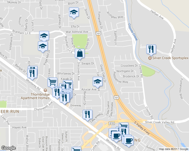 map of restaurants, bars, coffee shops, grocery stores, and more near 384 Whirlaway Drive in San Jose