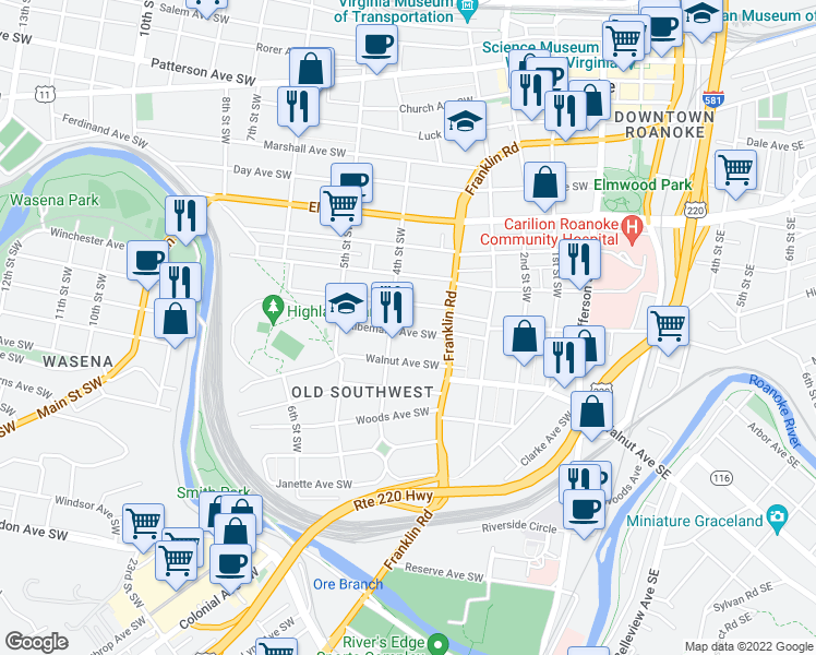 map of restaurants, bars, coffee shops, grocery stores, and more near 371 Albemarle Avenue Southwest in Roanoke