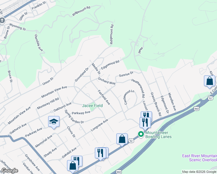map of restaurants, bars, coffee shops, grocery stores, and more near 2319 Cliffmont Ave in Bluefield