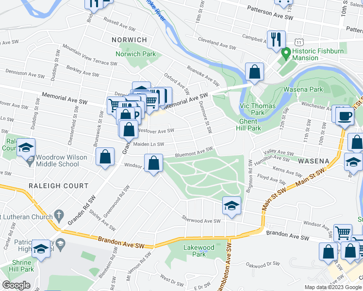map of restaurants, bars, coffee shops, grocery stores, and more near 1719 Bluemont Avenue Southwest in Roanoke