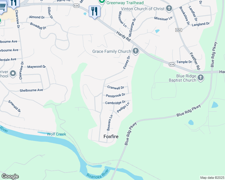 map of restaurants, bars, coffee shops, grocery stores, and more near 1833 Cranwell Drive in Vinton