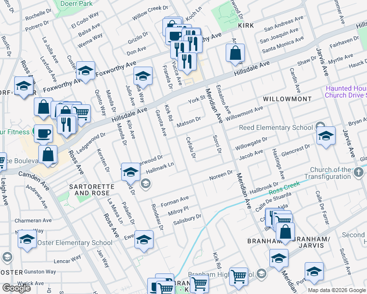 map of restaurants, bars, coffee shops, grocery stores, and more near 3744 Kirk Road in San Jose