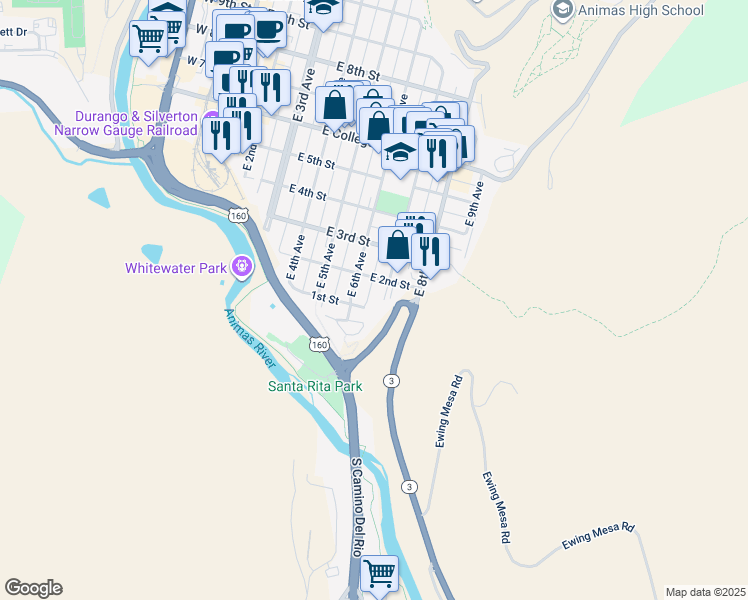 map of restaurants, bars, coffee shops, grocery stores, and more near 702 East 1st Street in Durango