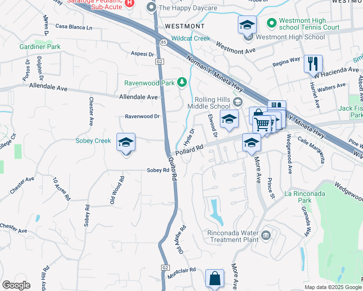 map of restaurants, bars, coffee shops, grocery stores, and more near 1701 Hyde Drive in Los Gatos