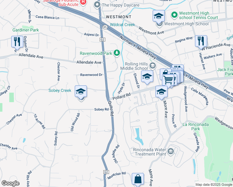 map of restaurants, bars, coffee shops, grocery stores, and more near 1701 Hyde Drive in Los Gatos