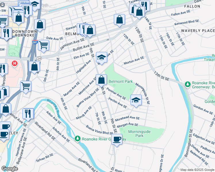 map of restaurants, bars, coffee shops, grocery stores, and more near 1223 9th Street Southeast in Roanoke