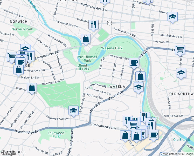 map of restaurants, bars, coffee shops, grocery stores, and more near 1211 Valley Avenue Southwest in Roanoke