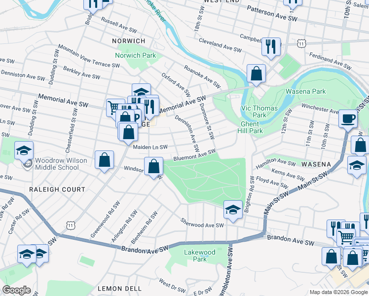 map of restaurants, bars, coffee shops, grocery stores, and more near 1719 Bluemont Avenue Southwest in Roanoke