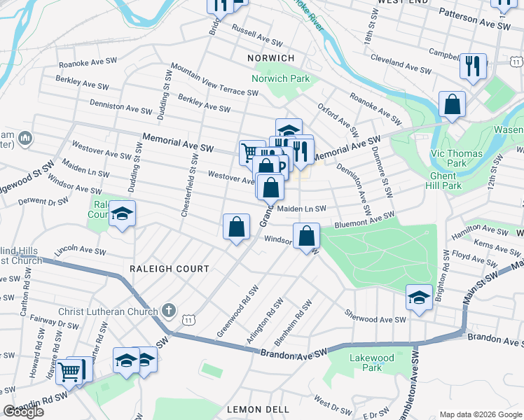 map of restaurants, bars, coffee shops, grocery stores, and more near 1527 Grandin Road Southwest in Roanoke