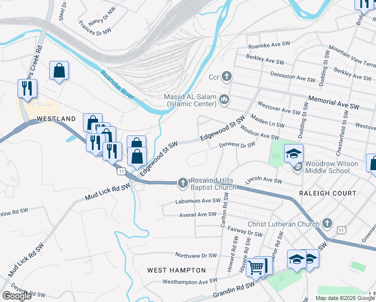 map of restaurants, bars, coffee shops, grocery stores, and more near 2724 Derwent Drive Southwest in Roanoke