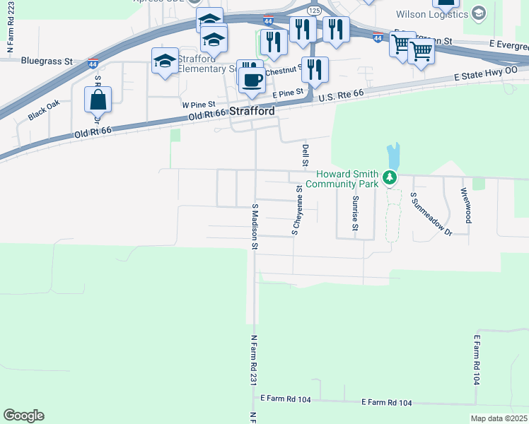 map of restaurants, bars, coffee shops, grocery stores, and more near 103 East Comanche Court in Strafford