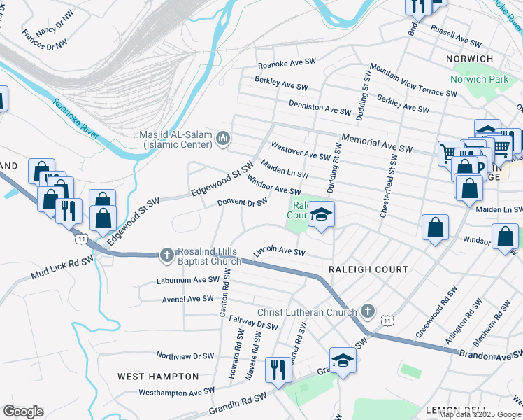 map of restaurants, bars, coffee shops, grocery stores, and more near 2532 Derwent Drive Southwest in Roanoke