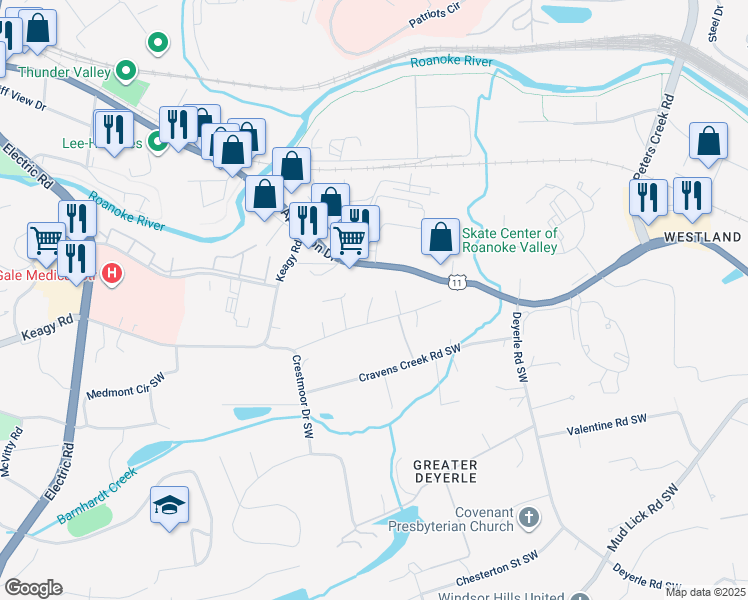 map of restaurants, bars, coffee shops, grocery stores, and more near 4107 Belle Aire Circle Southwest in Roanoke