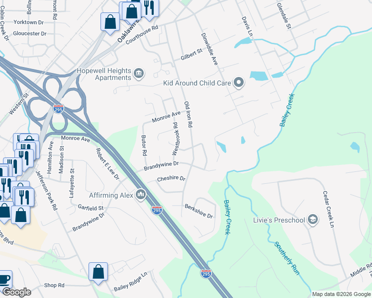 map of restaurants, bars, coffee shops, grocery stores, and more near 3807 Brandywine Drive in Hopewell