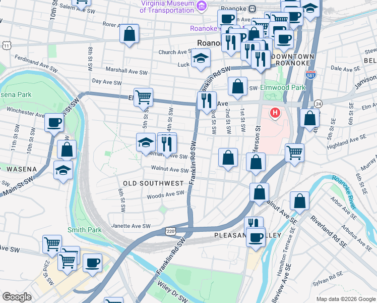 map of restaurants, bars, coffee shops, grocery stores, and more near 1113 Franklin Road Southwest in Roanoke