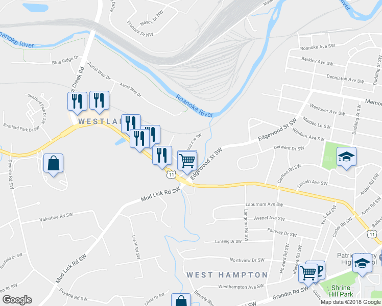 map of restaurants, bars, coffee shops, grocery stores, and more near 1842 Overland Avenue Southwest in Roanoke