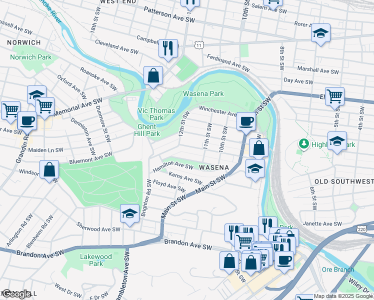 map of restaurants, bars, coffee shops, grocery stores, and more near 1127 Valley Avenue Southwest in Roanoke