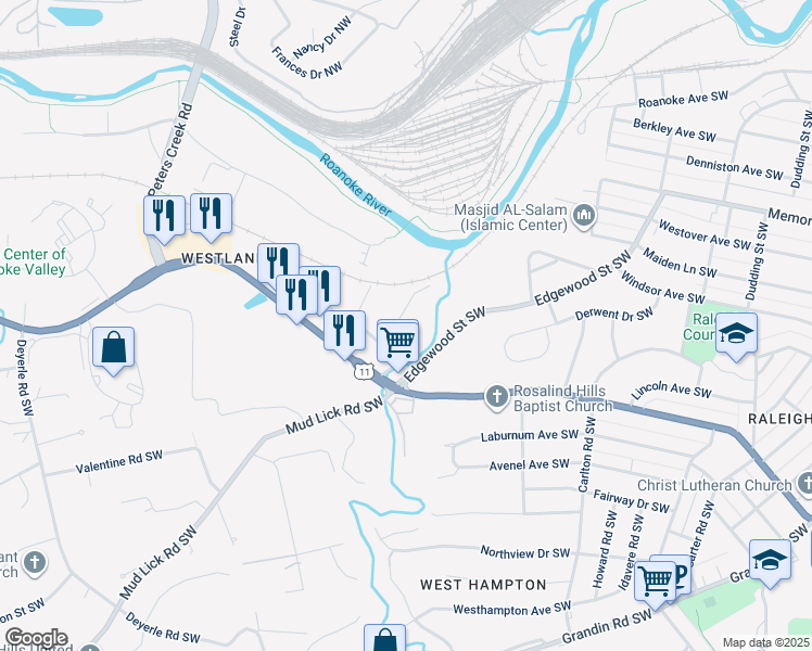 map of restaurants, bars, coffee shops, grocery stores, and more near 1842 Overland Avenue Southwest in Roanoke