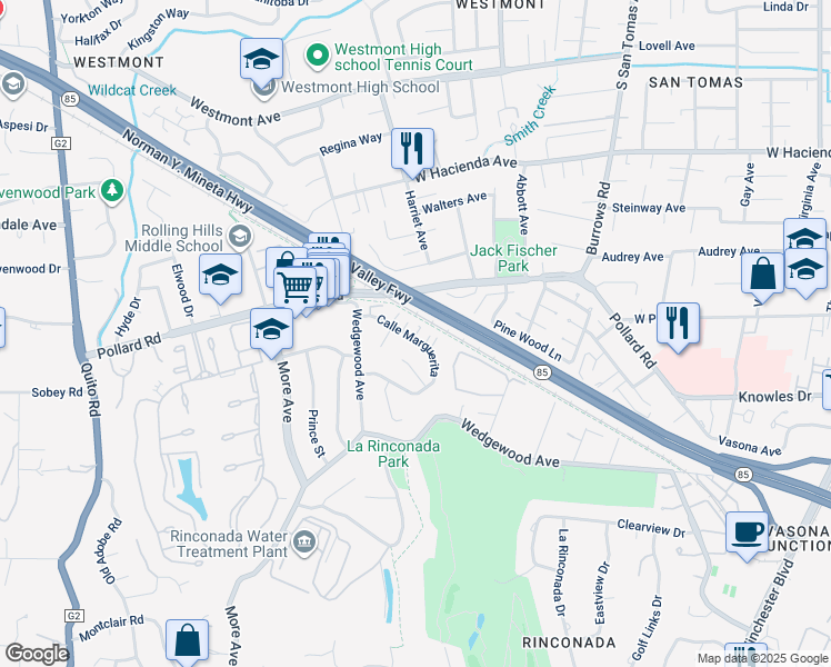 map of restaurants, bars, coffee shops, grocery stores, and more near 252 Calle Marguerita in Los Gatos