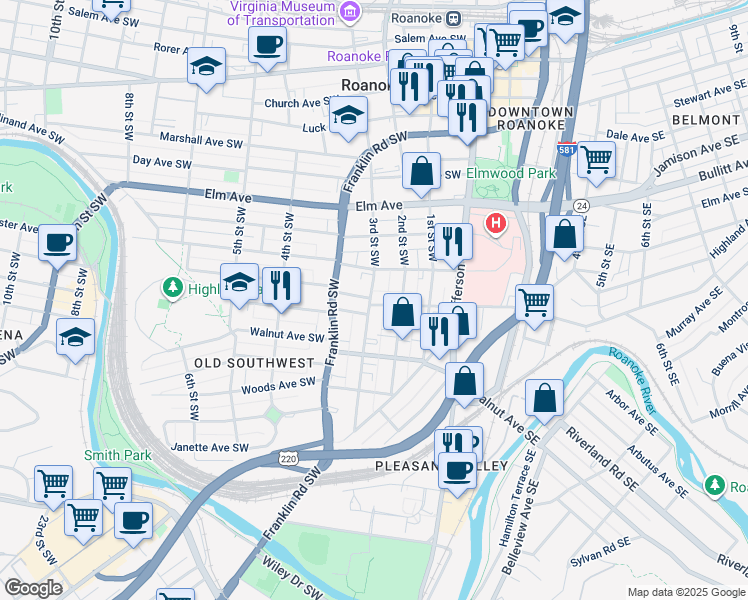 map of restaurants, bars, coffee shops, grocery stores, and more near 227 Albemarle Avenue Southwest in Roanoke
