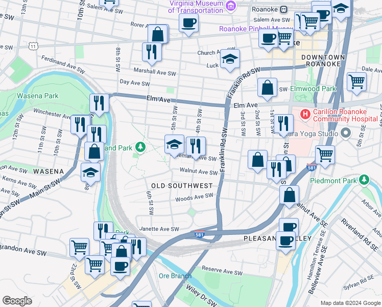 map of restaurants, bars, coffee shops, grocery stores, and more near 405 Albemarle Avenue Southwest in Roanoke