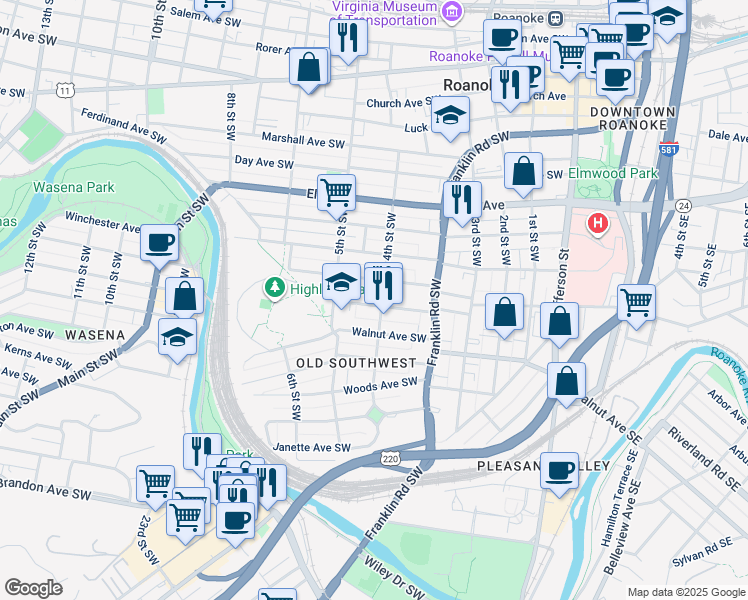 map of restaurants, bars, coffee shops, grocery stores, and more near 405 Albemarle Avenue Southwest in Roanoke