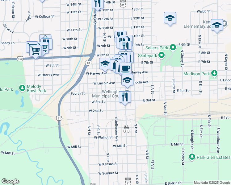 map of restaurants, bars, coffee shops, grocery stores, and more near 300 South Jefferson Avenue in Wellington