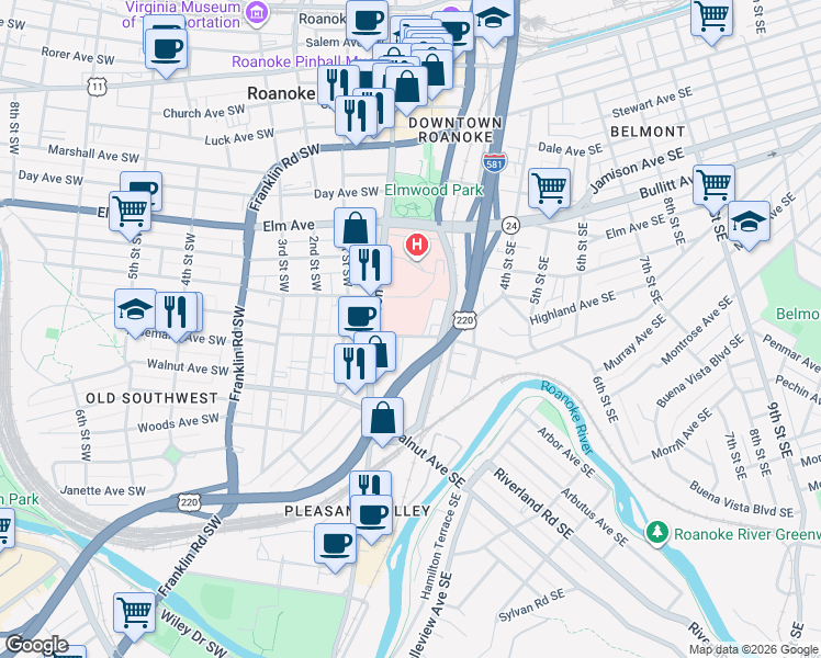 map of restaurants, bars, coffee shops, grocery stores, and more near 102 Albemarle Avenue Southeast in Roanoke