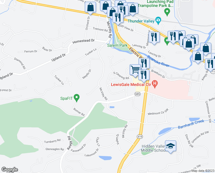 map of restaurants, bars, coffee shops, grocery stores, and more near 2435 South Clearing Road in Salem