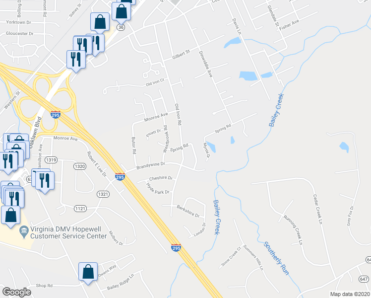 map of restaurants, bars, coffee shops, grocery stores, and more near 2001 Old Iron Road in Hopewell