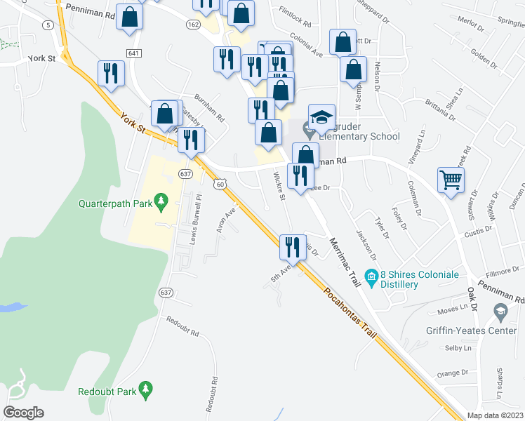 map of restaurants, bars, coffee shops, grocery stores, and more near 11 Monument Drive in Williamsburg